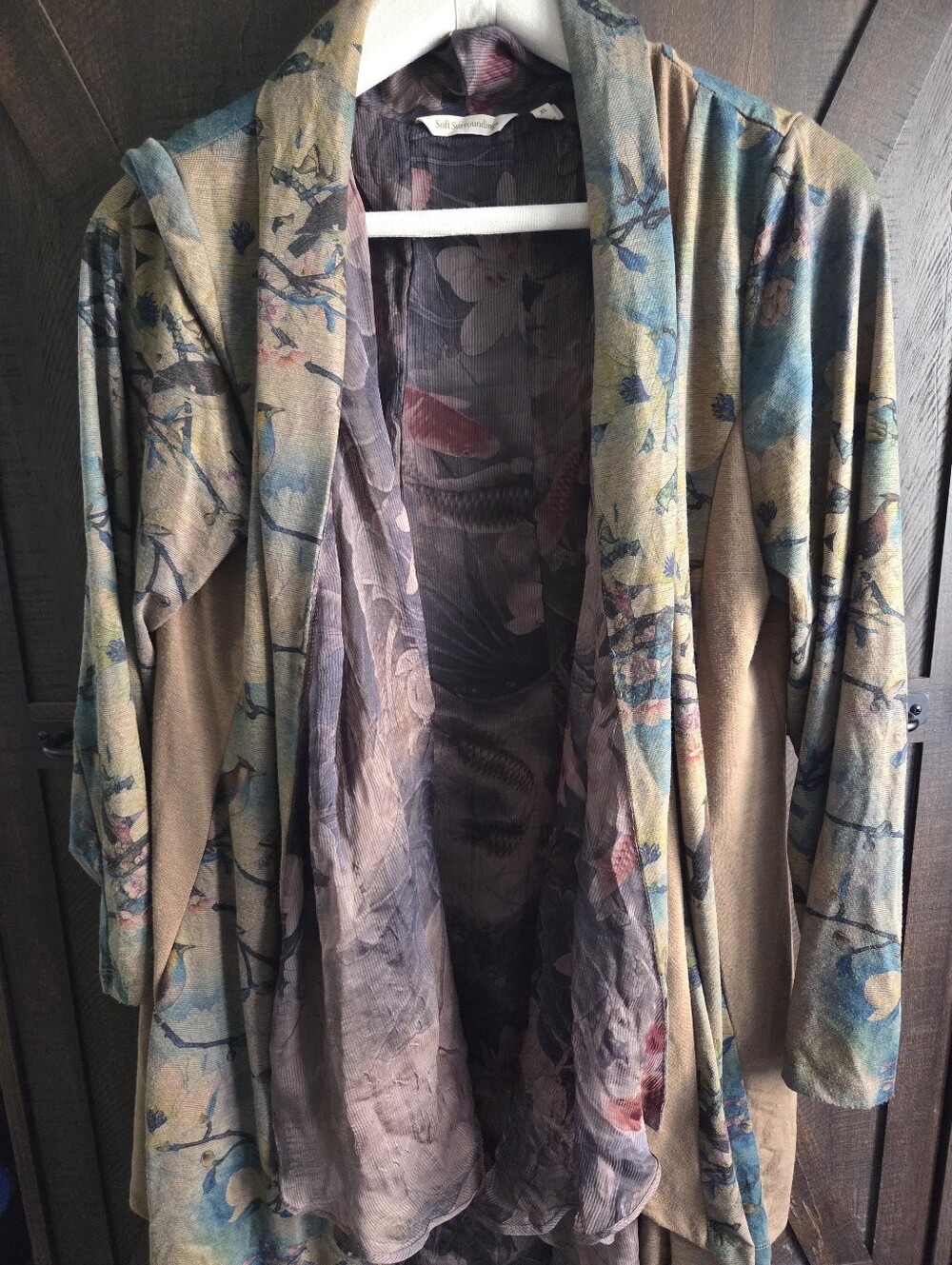 Soft Surroundings Floral Open-Front Women’s Sweater Cardigan - Tan & Blue